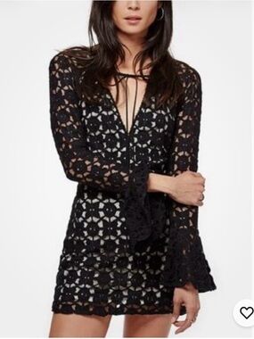 Free People "Back to Black" Bell Sleeve Crochet Mini Dress
Size 6